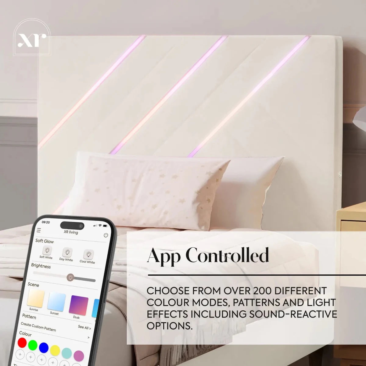 Lily Single Bed Frame with App Controlled LED Lights - Ivory - XR LivingBed Frame