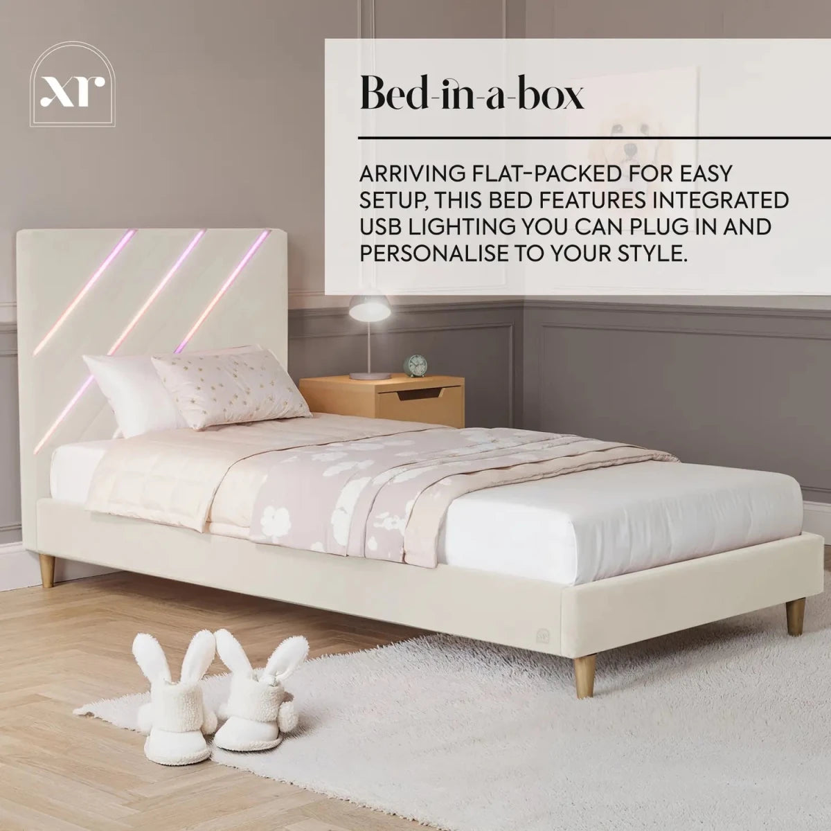 Lily Single Bed Frame with App Controlled LED Lights - Ivory - XR LivingBed Frame