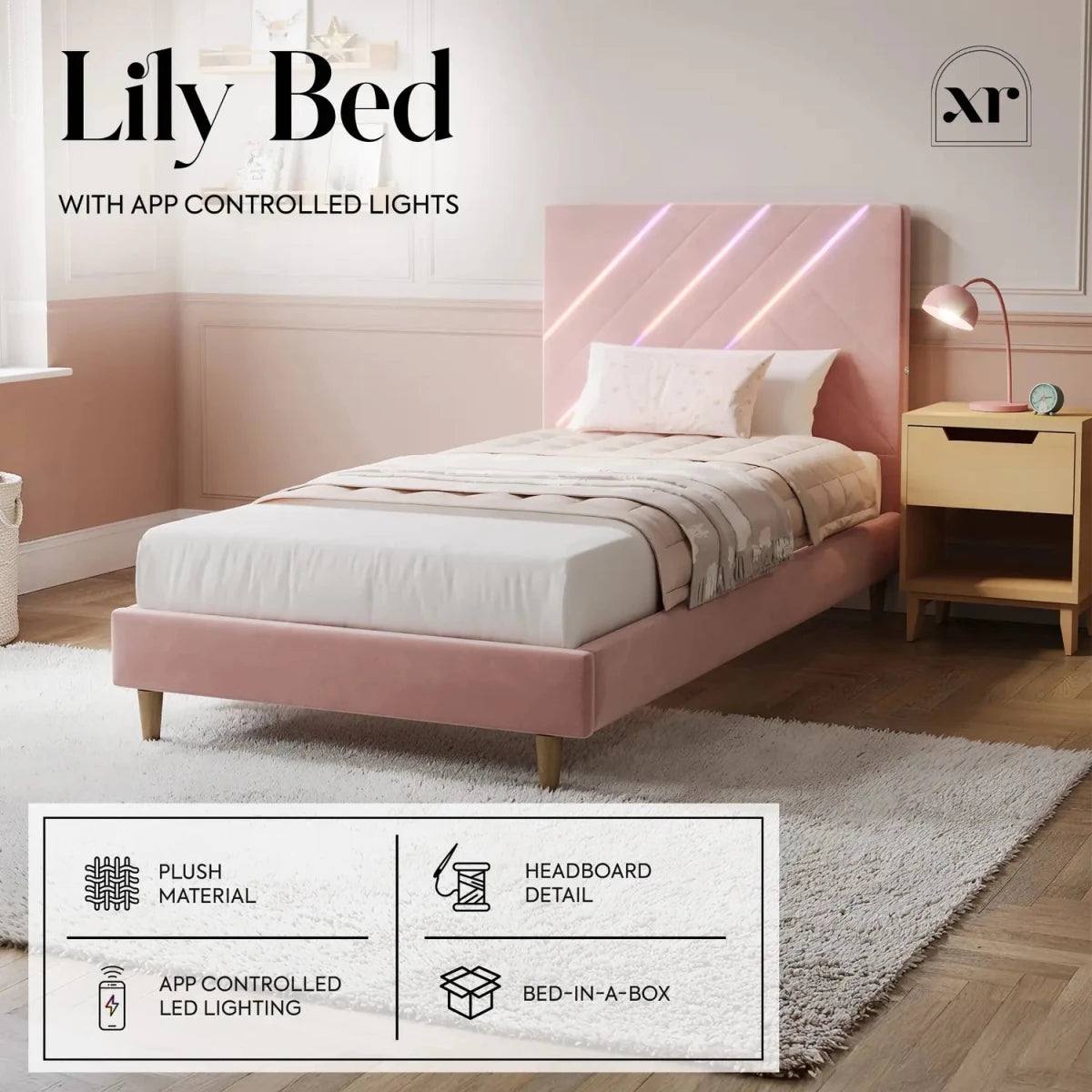 Lily Single Bed Frame with App Controlled LED Lights - Pink - XR LivingBed Frame