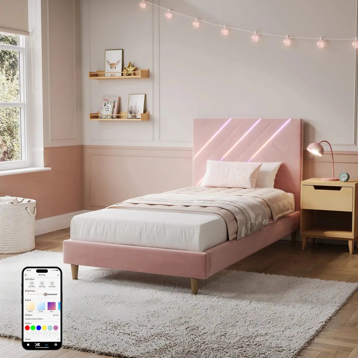 Lily Single Bed Frame with App Controlled LED Lights - Pink - XR LivingBed Frame