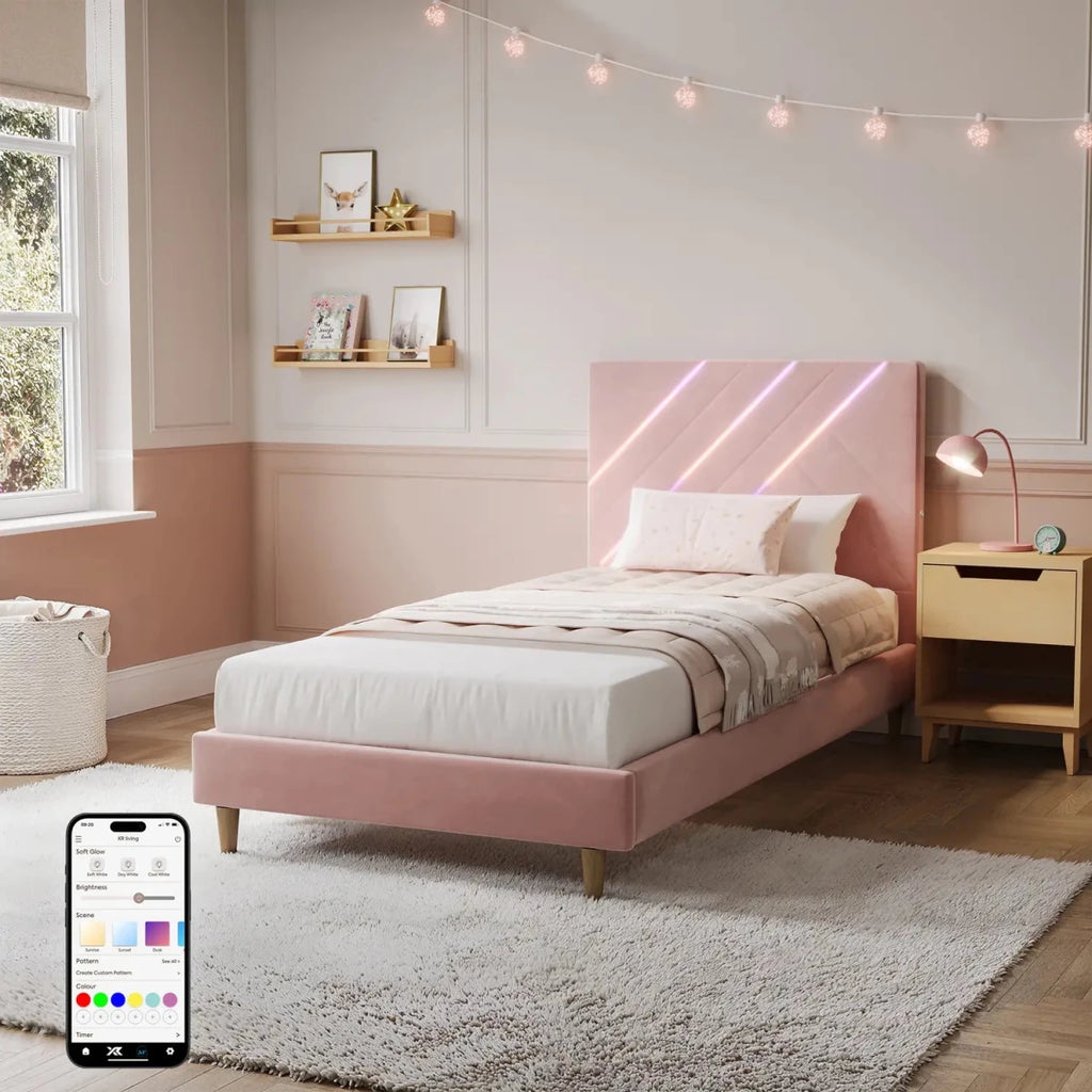 Lily Single Bed Frame with App Controlled LED Lights - Pink - XR LivingBed Frame