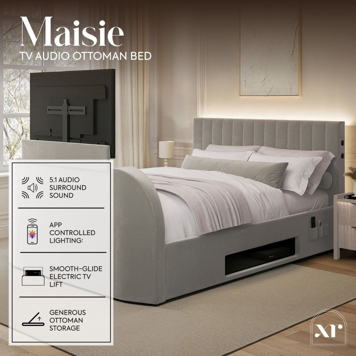 Maisie 5.1 Ottoman Bed with Electric TV Lift, True Surround Sound and App Controlled LED Lights - Grey (2 Sizes) - XR LivingOttoman TV Bed