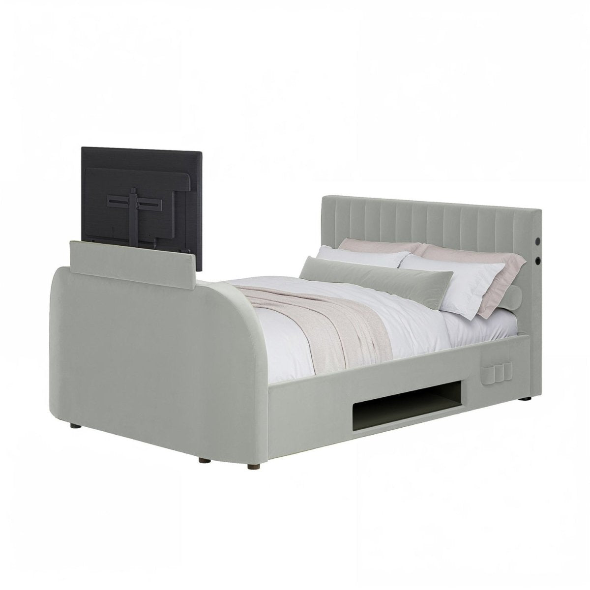 Maisie 5.1 Ottoman Bed with Electric TV Lift, True Surround Sound and App Controlled LED Lights - Grey (2 Sizes) - XR LivingOttoman TV Bed