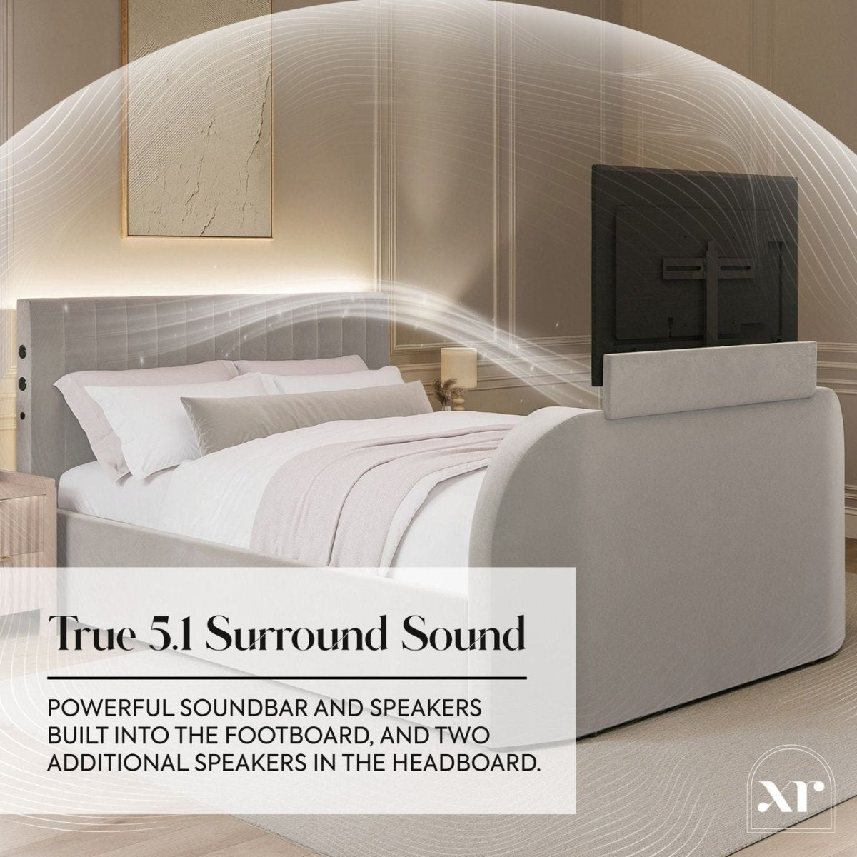 Maisie 5.1 Ottoman Bed with Electric TV Lift, True Surround Sound and App Controlled LED Lights - Grey (2 Sizes) - XR LivingOttoman TV Bed