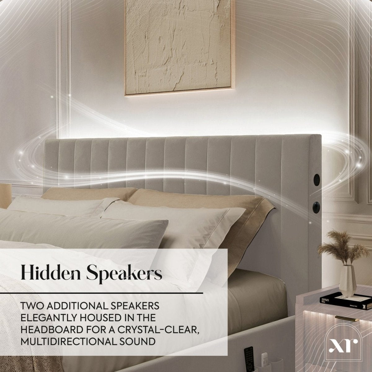 Maisie 5.1 Ottoman Bed with Electric TV Lift, True Surround Sound and App Controlled LED Lights - Grey (2 Sizes) - XR LivingOttoman TV Bed