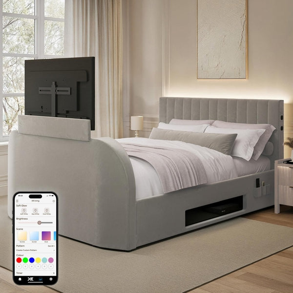 Maisie 5.1 Ottoman Bed with Electric TV Lift, True Surround Sound and App Controlled LED Lights - Grey (2 Sizes) - XR LivingOttoman TV Bed