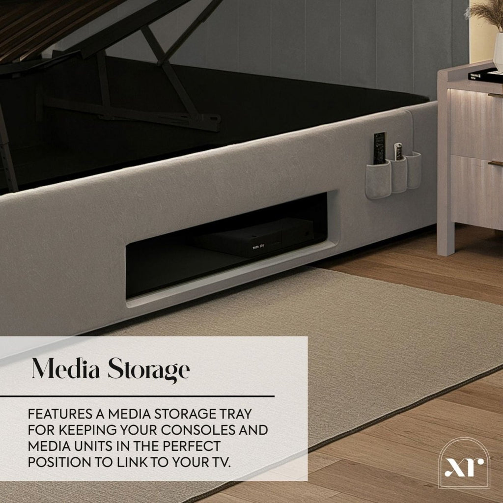 Maisie 5.1 Ottoman Bed with Electric TV Lift, True Surround Sound and App Controlled LED Lights - Grey (2 Sizes) - XR LivingOttoman TV Bed