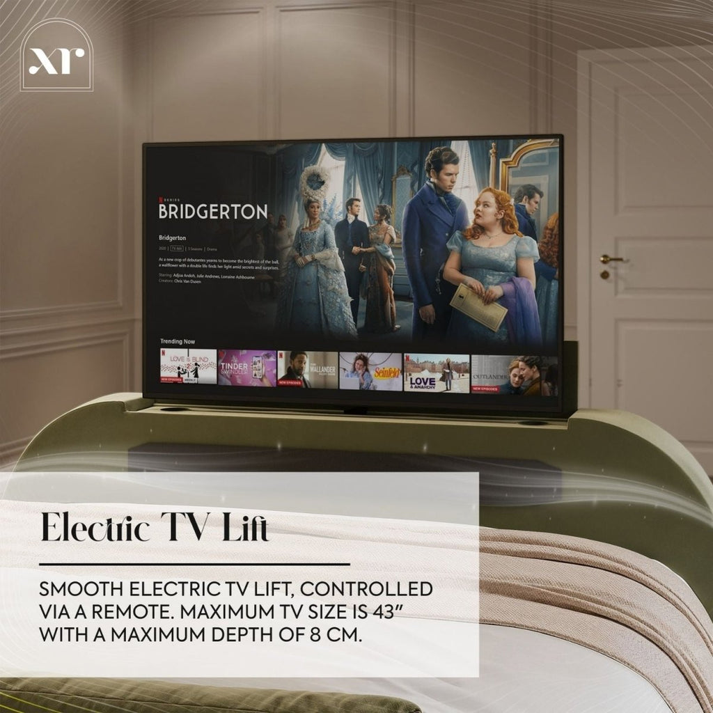 Maisie 5.1 Ottoman Bed with Electric TV Lift, True Surround Sound and App Controlled LED Lights - Olive Green (2 Sizes) - XR LivingOttoman TV Bed