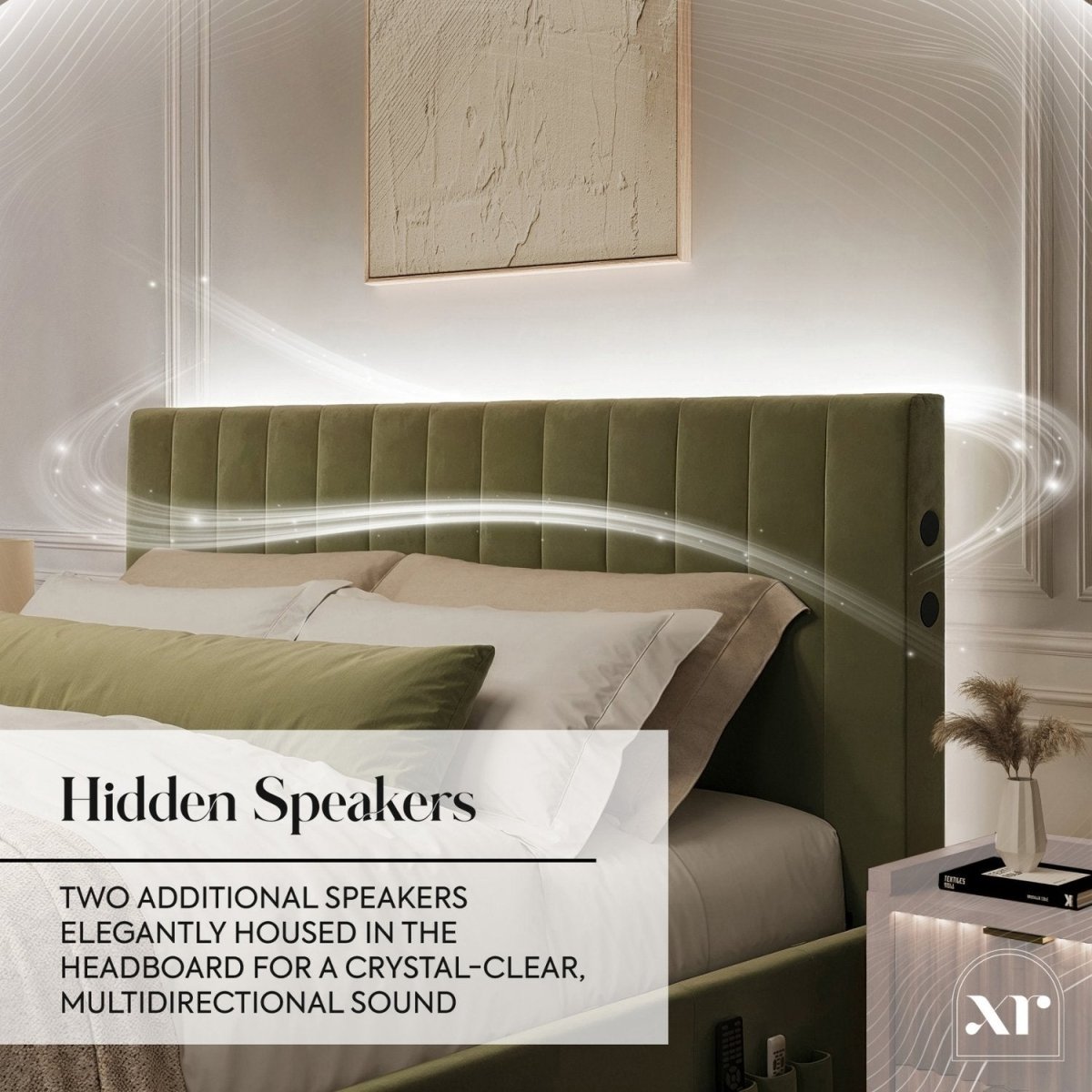 Maisie 5.1 Ottoman Bed with Electric TV Lift, True Surround Sound and App Controlled LED Lights - Olive Green (2 Sizes) - XR LivingOttoman TV Bed