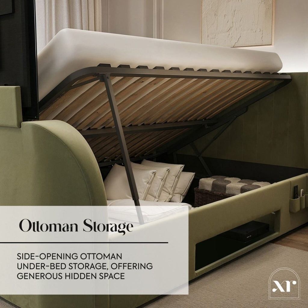 Maisie 5.1 Ottoman Bed with Electric TV Lift, True Surround Sound and App Controlled LED Lights - Olive Green (2 Sizes) - XR LivingOttoman TV Bed