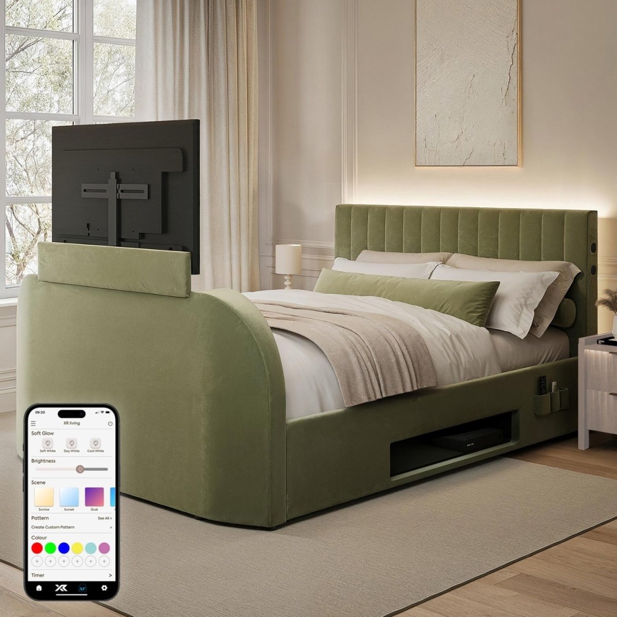 Maisie 5.1 Ottoman Bed with Electric TV Lift, True Surround Sound and App Controlled LED Lights - Olive Green (2 Sizes) - XR LivingOttoman TV Bed