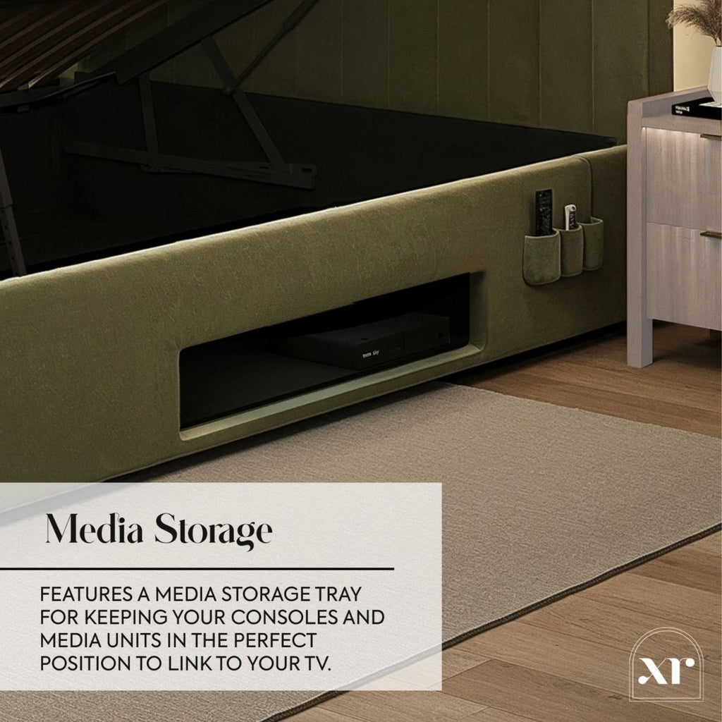 Maisie 5.1 Ottoman Bed with Electric TV Lift, True Surround Sound and App Controlled LED Lights - Olive Green (2 Sizes) - XR LivingOttoman TV Bed