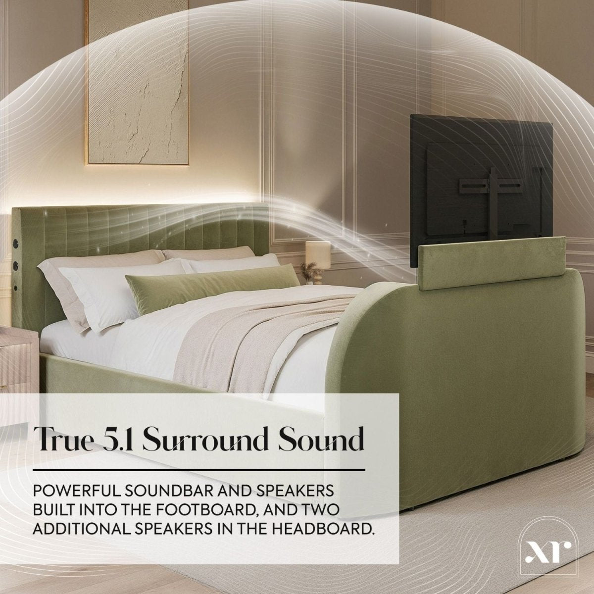 Maisie 5.1 Ottoman Bed with Electric TV Lift, True Surround Sound and App Controlled LED Lights - Olive Green (2 Sizes) - XR LivingOttoman TV Bed
