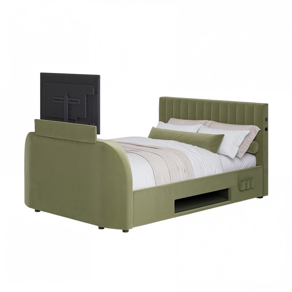Maisie 5.1 Ottoman Bed with Electric TV Lift, True Surround Sound and App Controlled LED Lights - Olive Green (2 Sizes) - XR LivingOttoman TV Bed