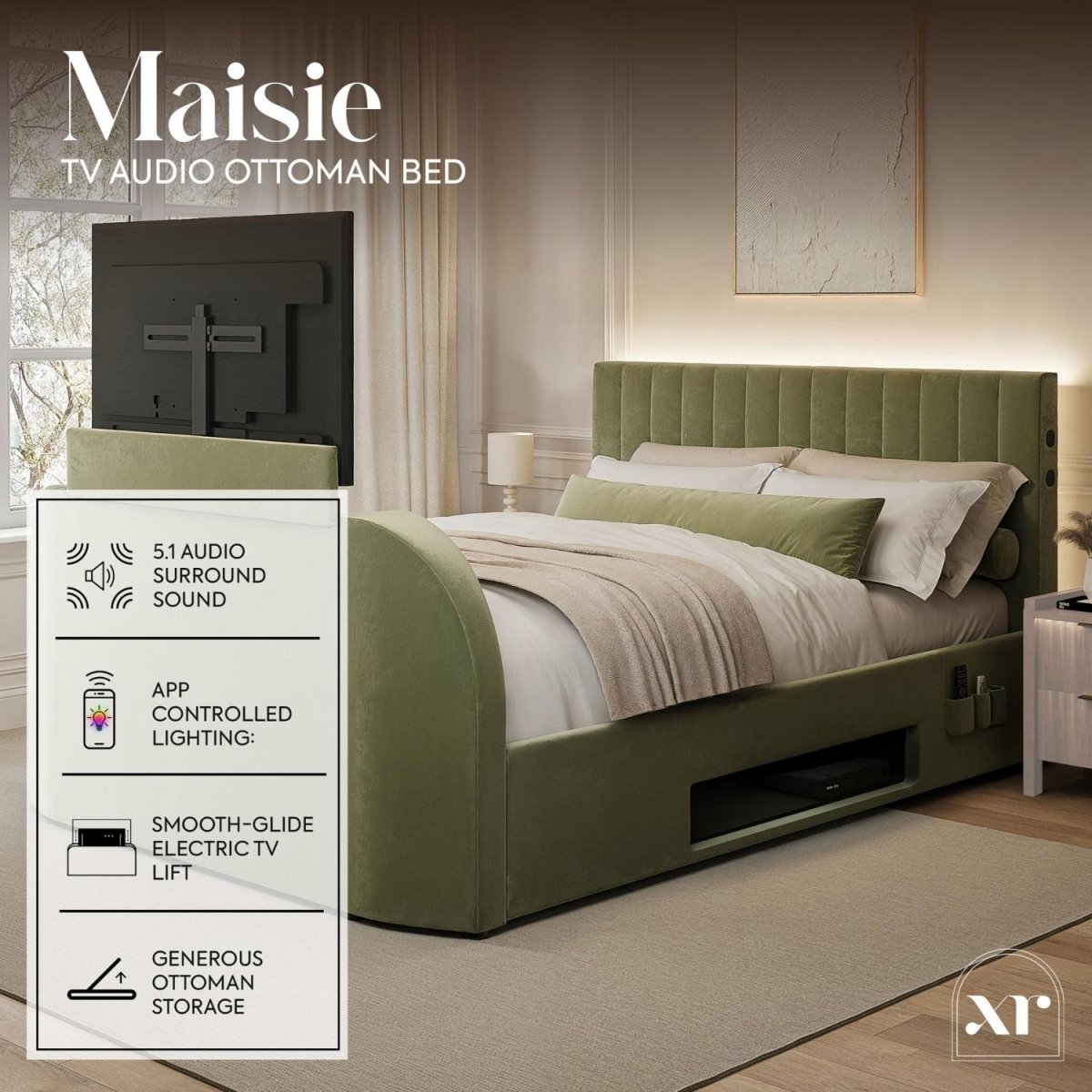 Maisie 5.1 Ottoman Bed with Electric TV Lift, True Surround Sound and App Controlled LED Lights - Olive Green (2 Sizes) - XR LivingOttoman TV Bed