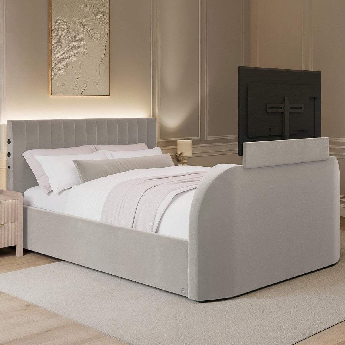 Maisie 5.1 Ottoman Bed with Electric TV Lift, True Surround Sound and App Controlled LED Lights - Grey (2 Sizes)