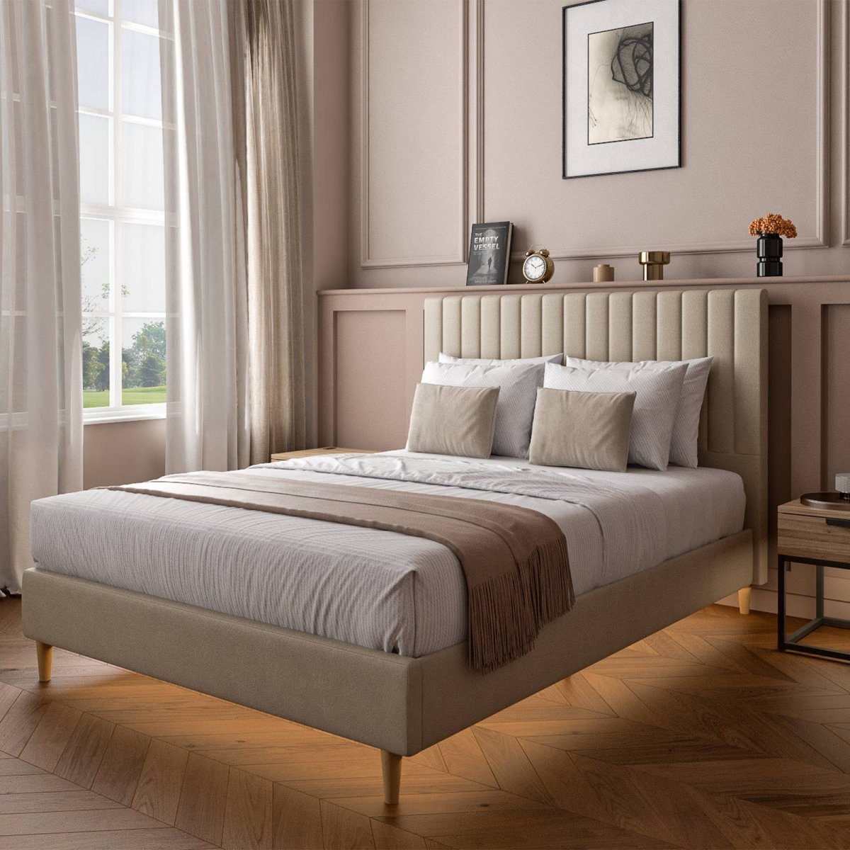 Maisie Upholstered Bed Frame with LED Lighting - Natural Stone (2 Sizes) - XR Living