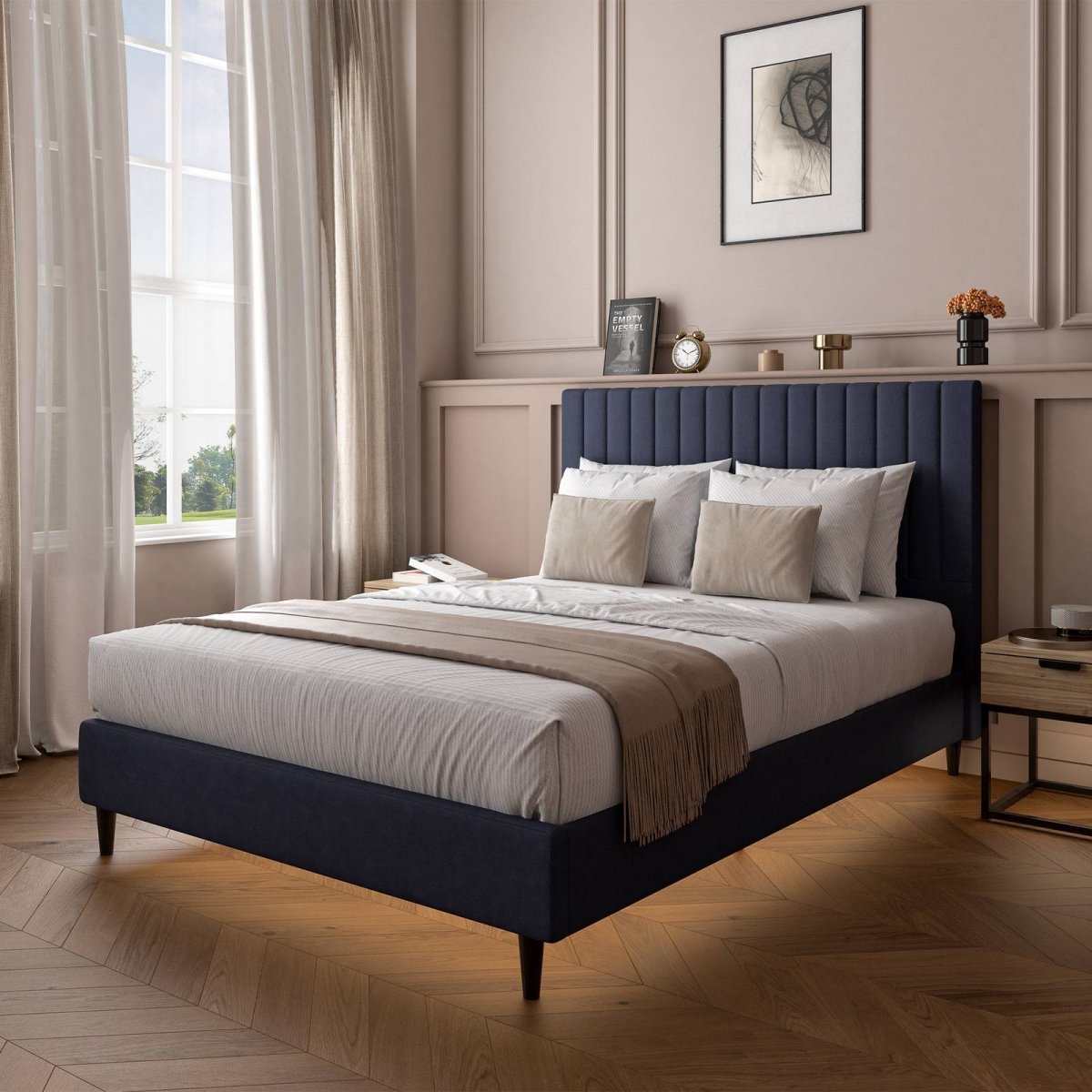 Maisie Upholstered Bed Frame with LED Lighting - Navy Blue (2 Sizes) - XR LivingBed Frame