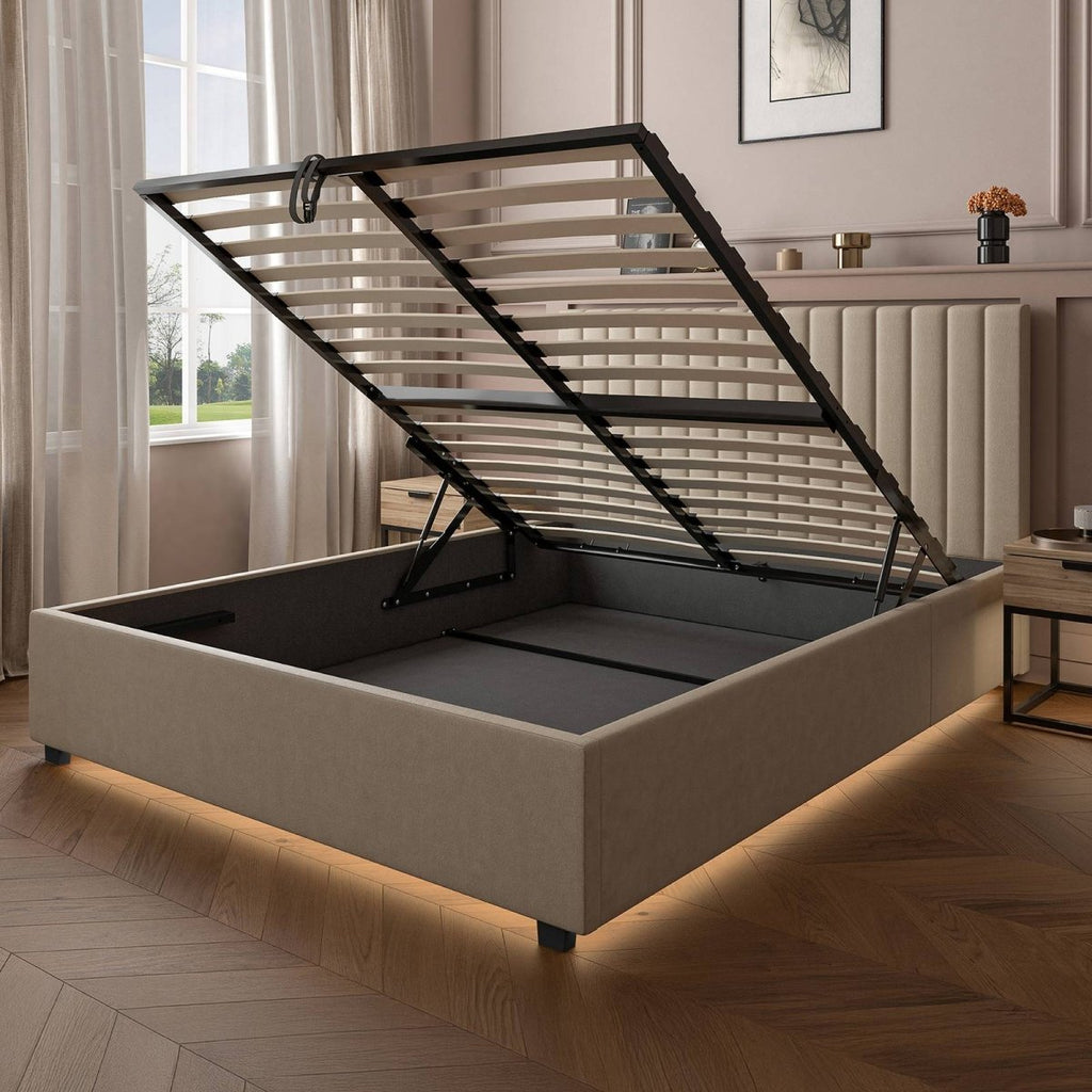 Maisie Upholstered Ottoman Bed with LED Lighting - Natural Stone (2 Sizes) - XR Living
