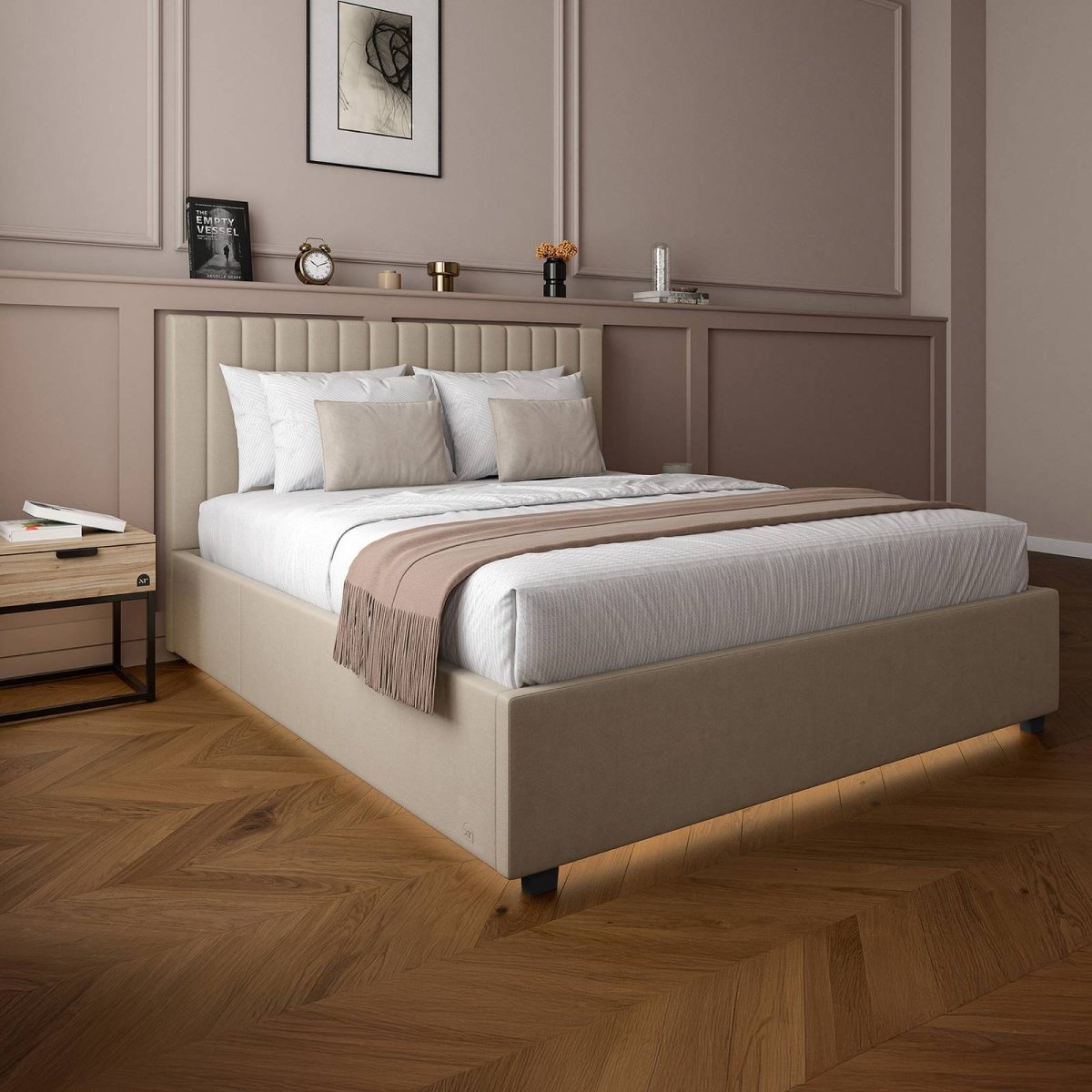 Maisie Upholstered Ottoman Bed with LED Lighting - Natural Stone (2 Sizes) - XR Living