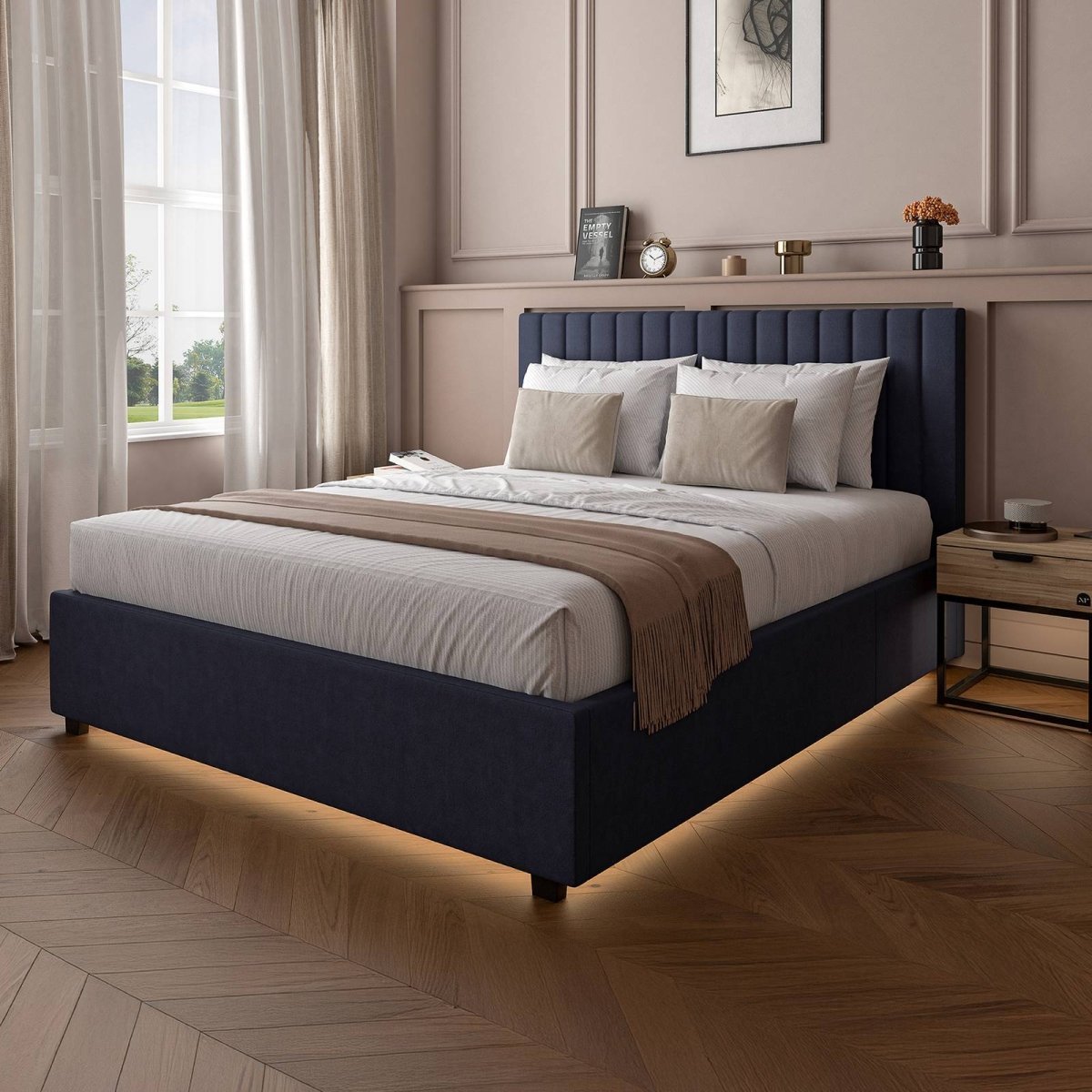 Maisie Upholstered Ottoman Bed with LED Lighting - Navy Blue (2 Sizes) - XR LivingOttoman Bed