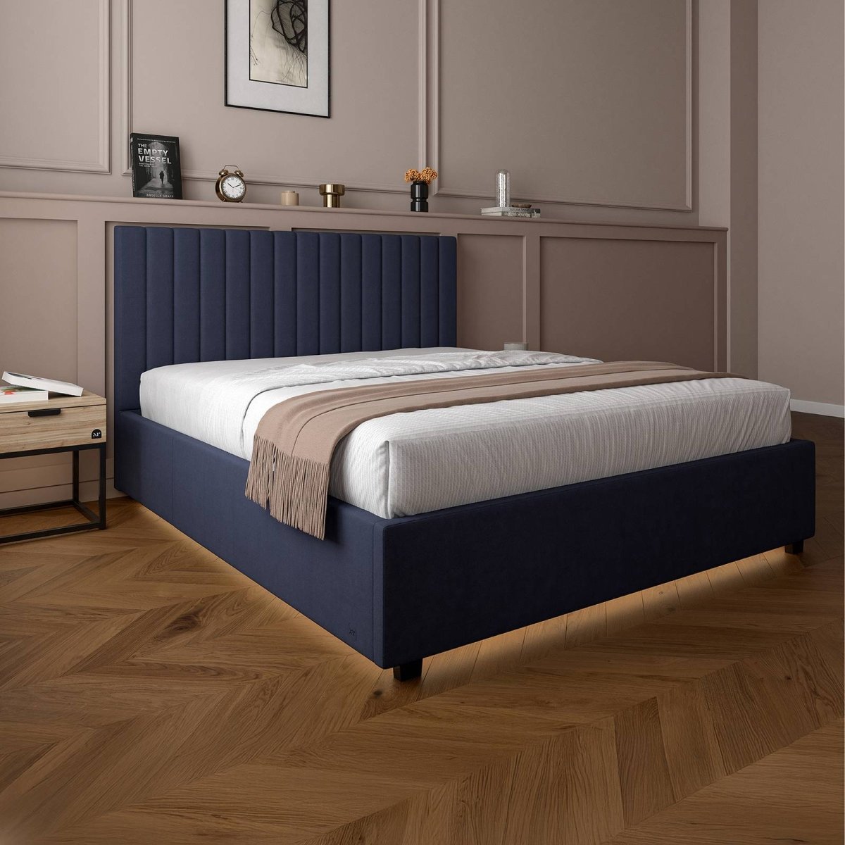Maisie Upholstered Ottoman Bed with LED Lighting - Navy Blue (2 Sizes) - XR LivingOttoman Bed