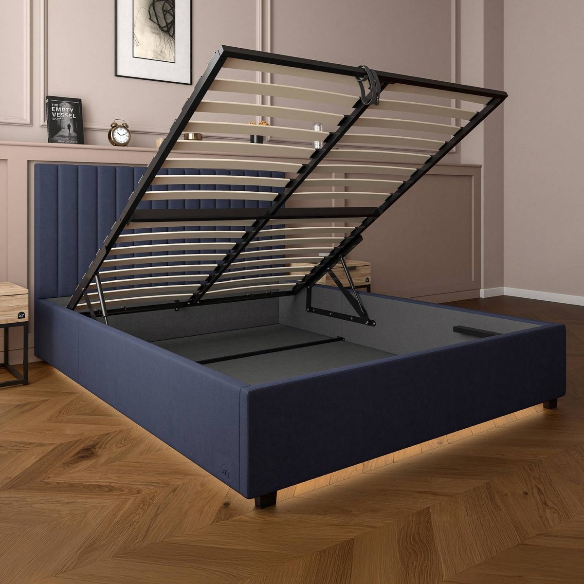 Maisie Upholstered Ottoman Bed with LED Lighting - Navy Blue (2 Sizes) - XR LivingOttoman Bed