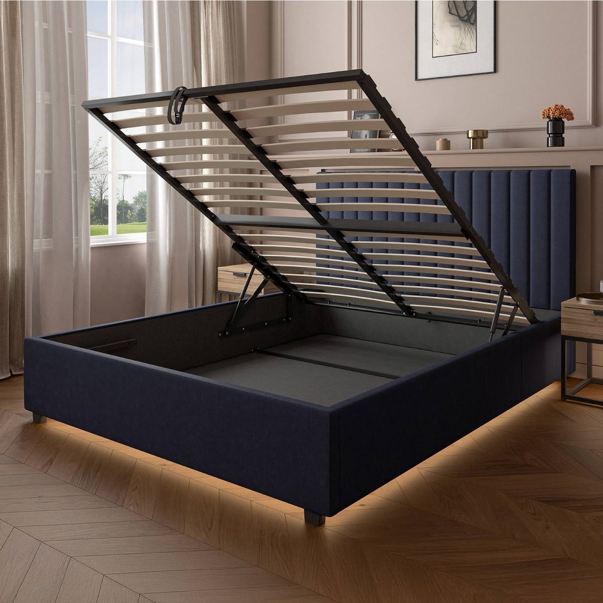 Maisie Upholstered Ottoman Bed with LED Lighting - Navy Blue (2 Sizes) - XR LivingOttoman Bed