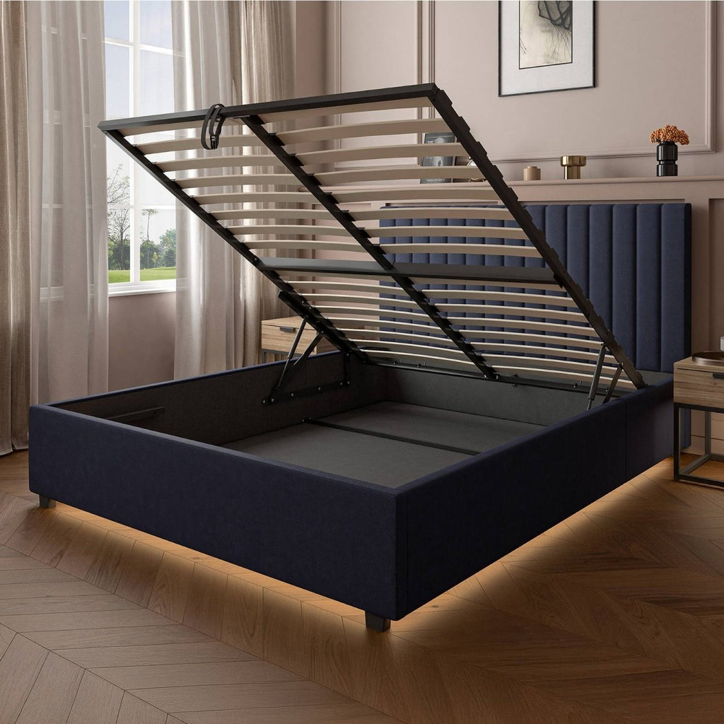 Maisie Upholstered Ottoman Bed with LED Lighting - Navy Blue (2 Sizes) - XR LivingOttoman Bed