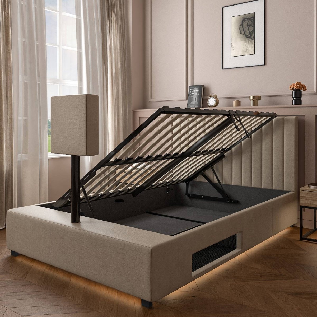 Maisie Upholstered Ottoman TV Bed with LED Lighting - Natural Stone (2 Sizes) - XR LivingOttoman TV Bed