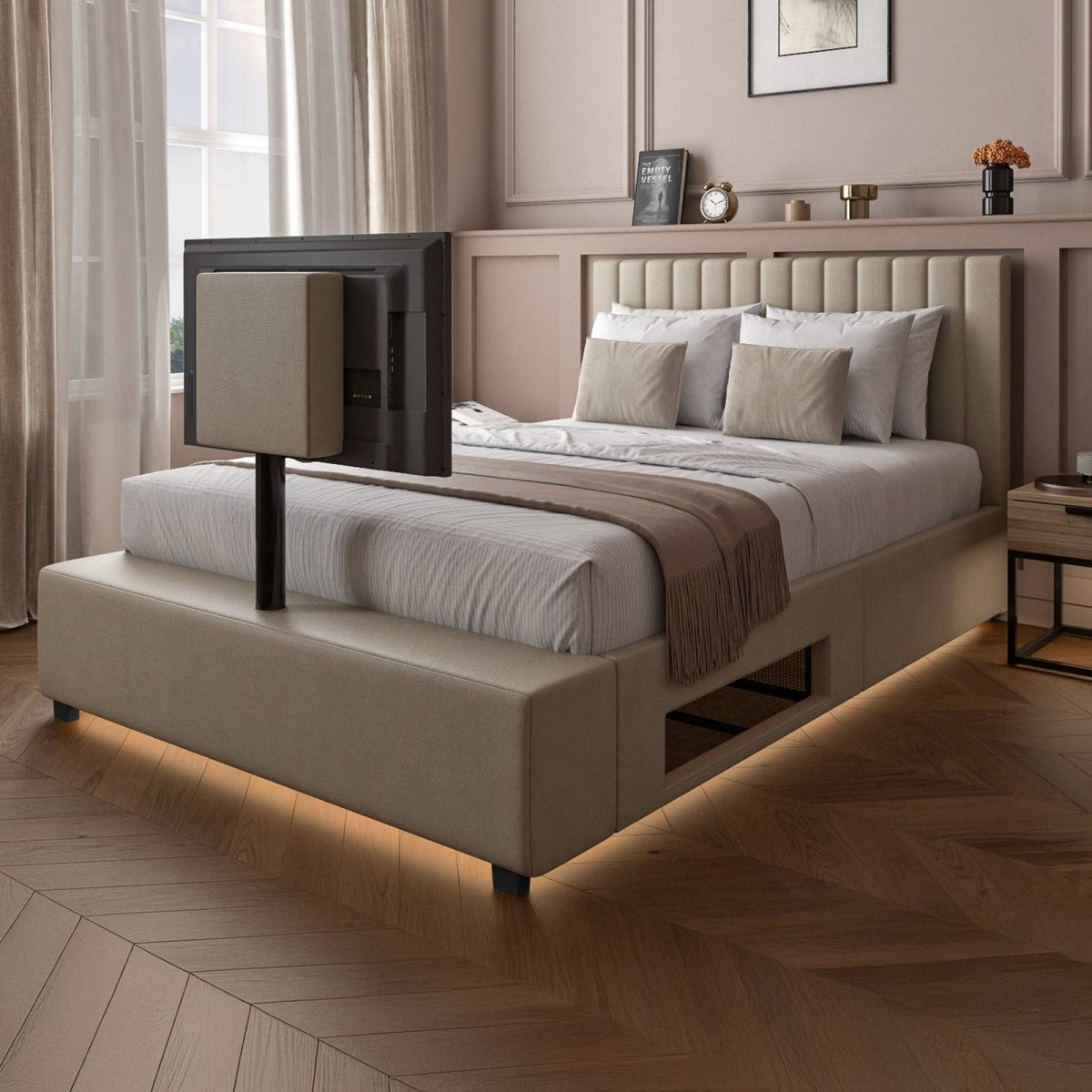 Maisie Upholstered Ottoman TV Bed with LED Lighting - Natural Stone (2 Sizes) - XR LivingOttoman TV Bed
