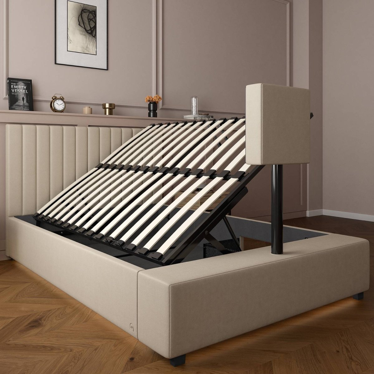 Maisie Upholstered Ottoman TV Bed with LED Lighting - Natural Stone (2 Sizes) - XR LivingOttoman TV Bed