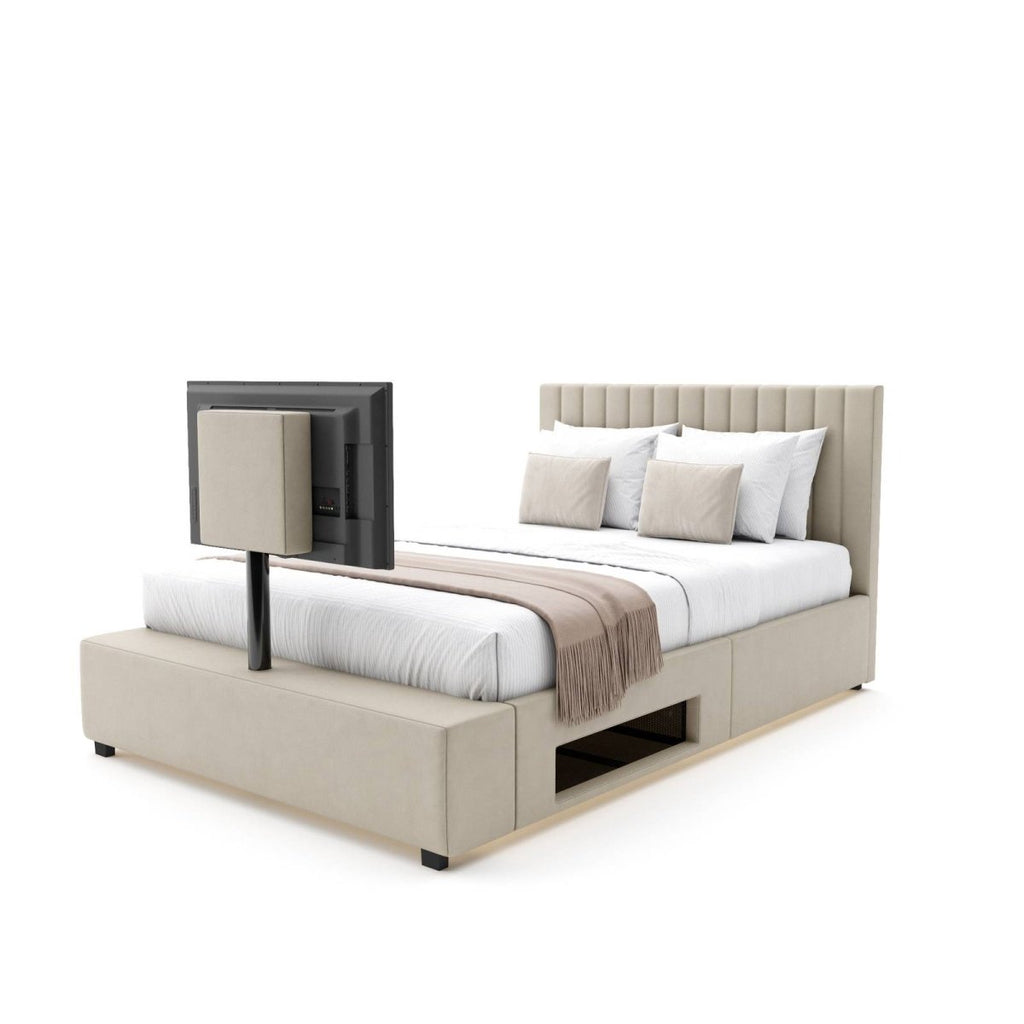 Maisie Upholstered Ottoman TV Bed with LED Lighting - Natural Stone (2 Sizes) - XR LivingOttoman TV Bed