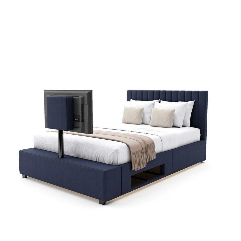Maisie Upholstered Ottoman TV Bed with LED Lighting - Navy Blue (2 Sizes) - XR LivingOttoman TV Bed