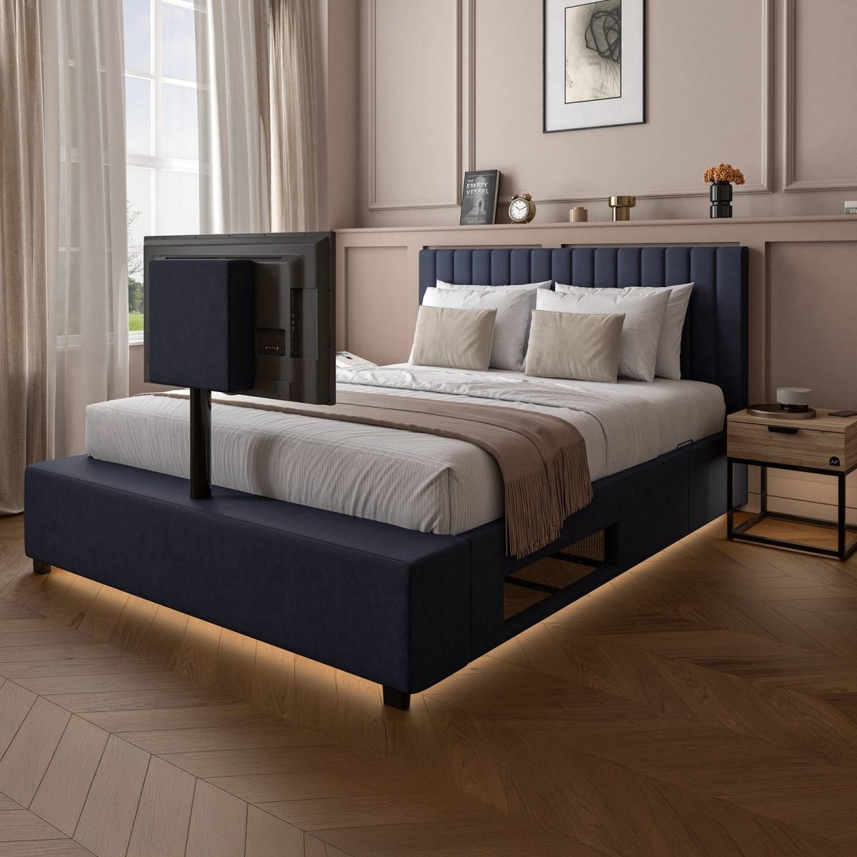 Maisie Upholstered Ottoman TV Bed with LED Lighting - Navy Blue (2 Sizes) - XR LivingOttoman TV Bed