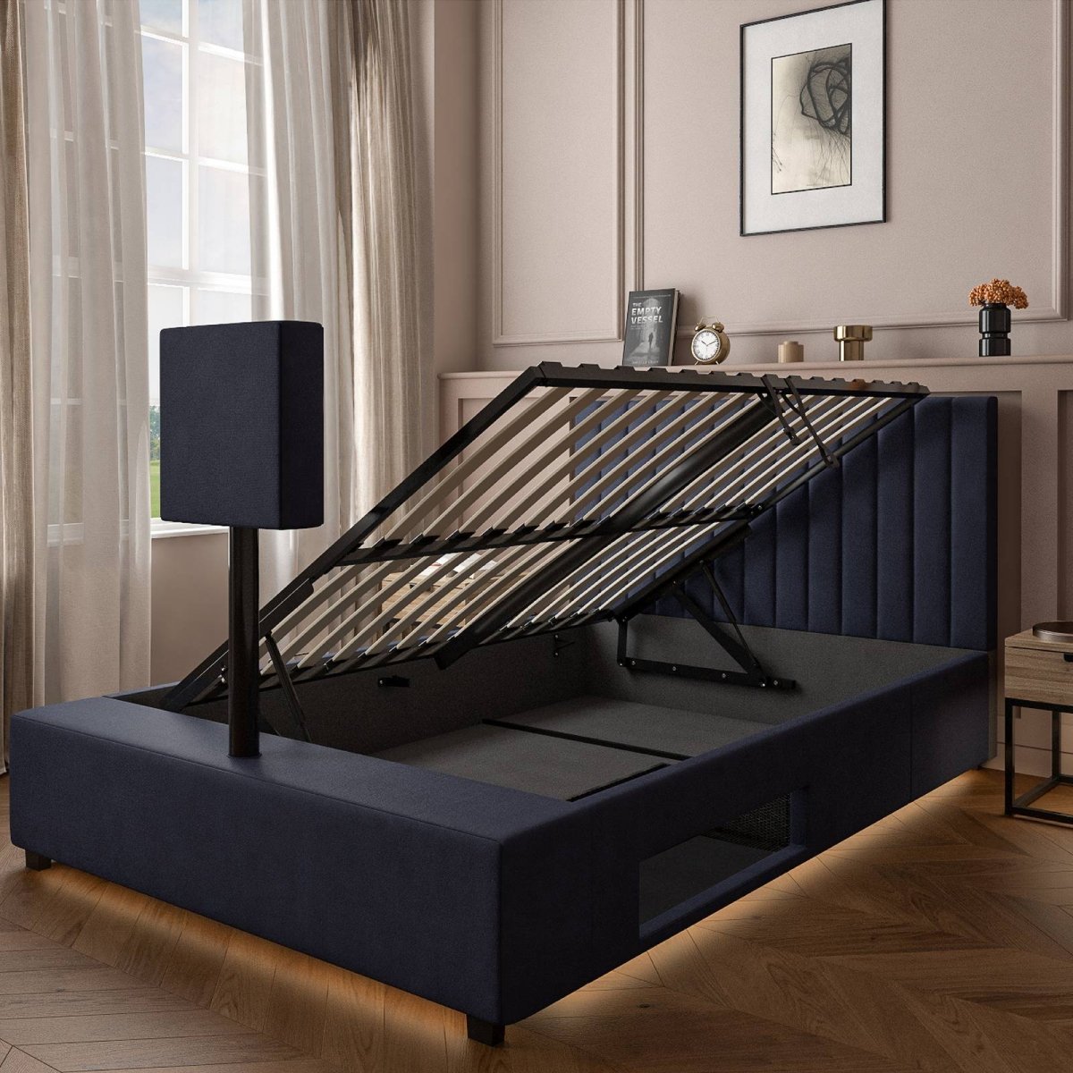 Maisie Upholstered Ottoman TV Bed with LED Lighting - Navy Blue (2 Sizes) - XR LivingOttoman TV Bed
