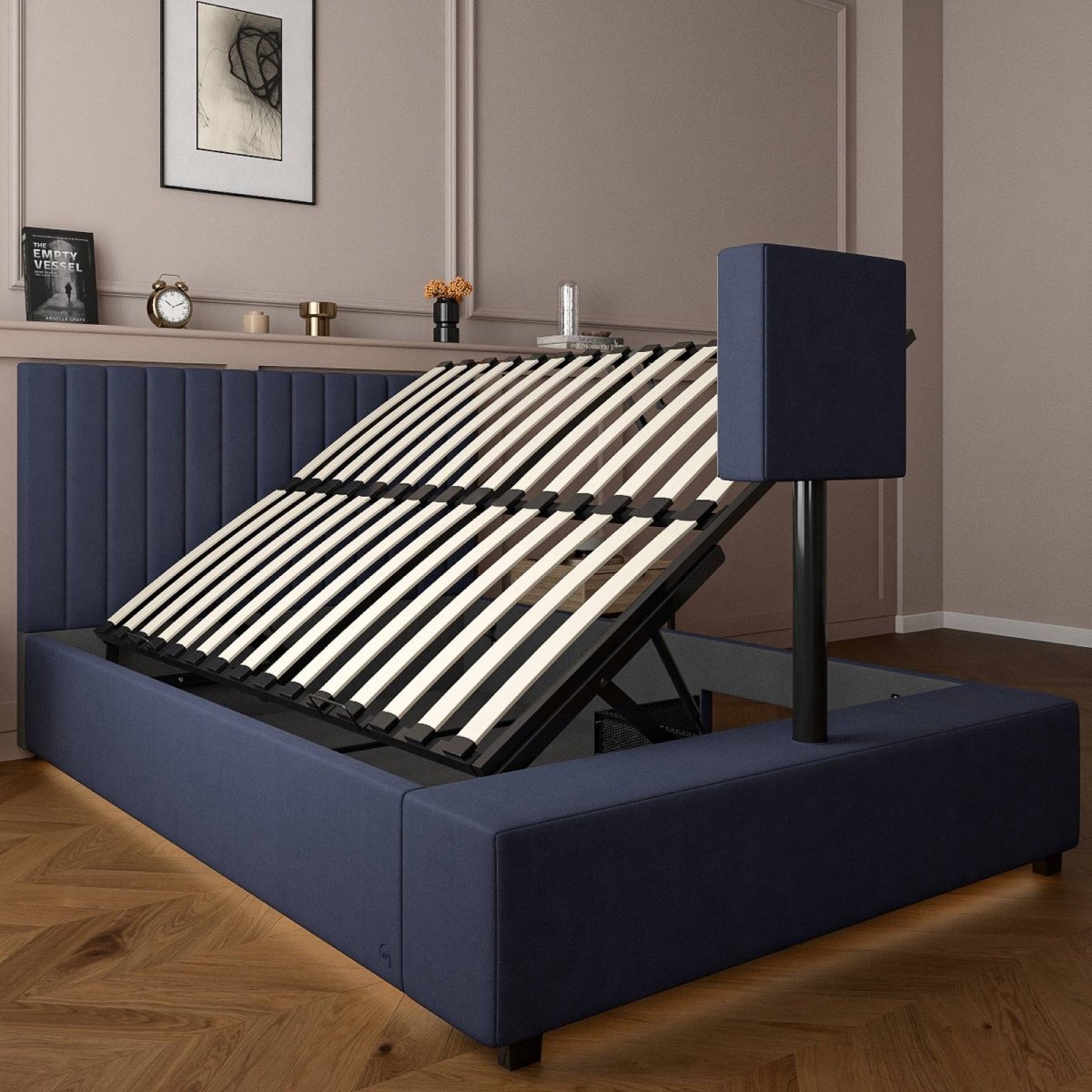 Maisie Upholstered Ottoman TV Bed with LED Lighting - Navy Blue (2 Sizes) - XR LivingOttoman TV Bed