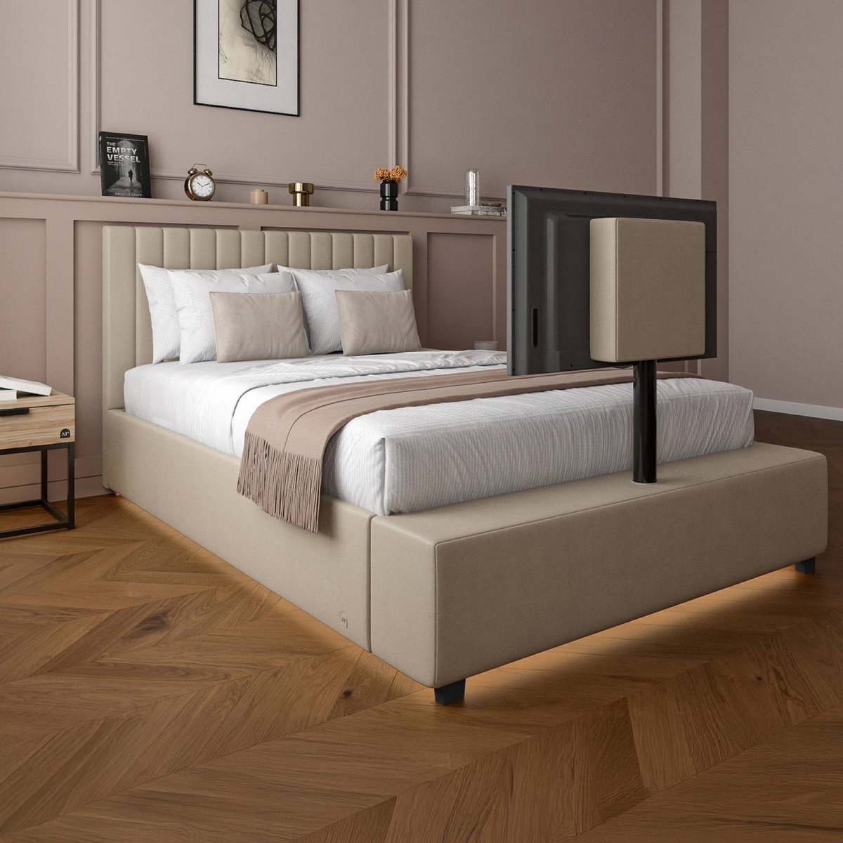 Maisie Upholstered TV Bed with LED Lighting - Natural Stone (2 Sizes) - XR LivingTV Bed