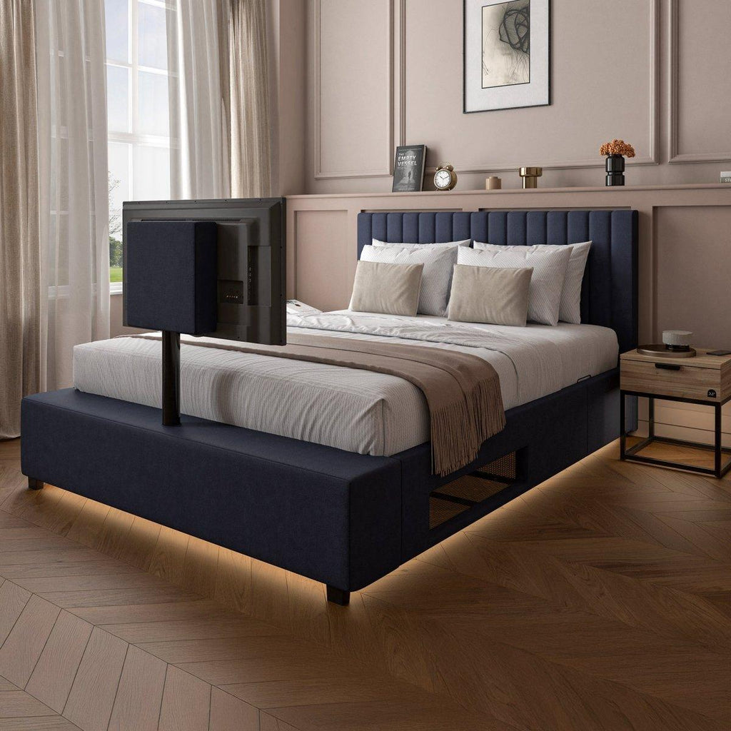 Maisie Upholstered TV Bed with LED Lighting - Navy Blue (2 Sizes) - XR Living
