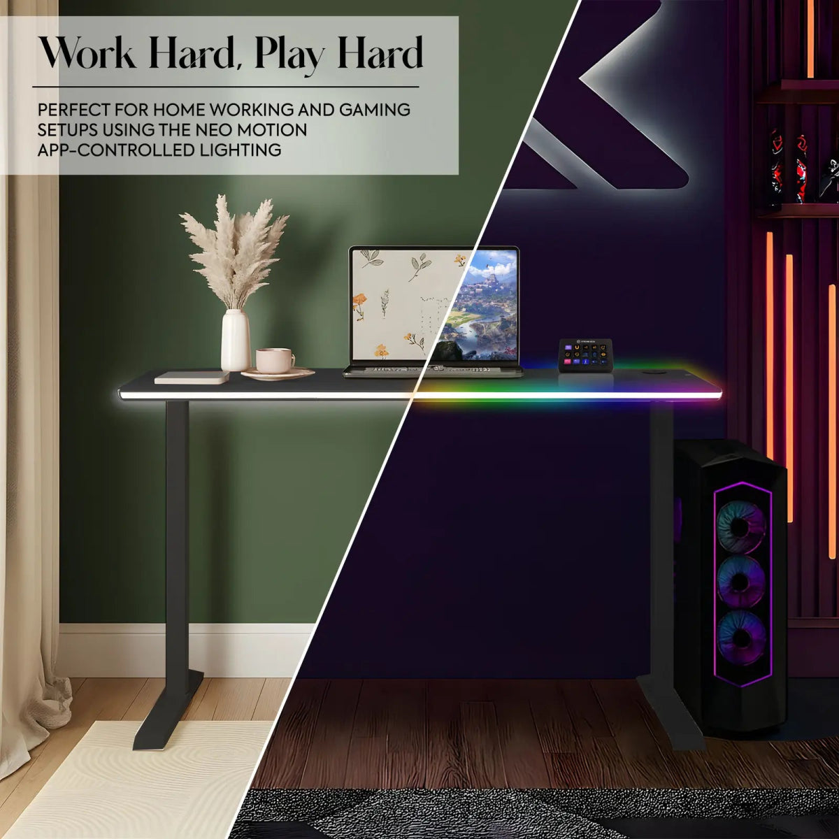 Oka LED Office Desk with Wireless Charging - Ash Black RGB (2 Sizes) - XR LivingOffice Desk