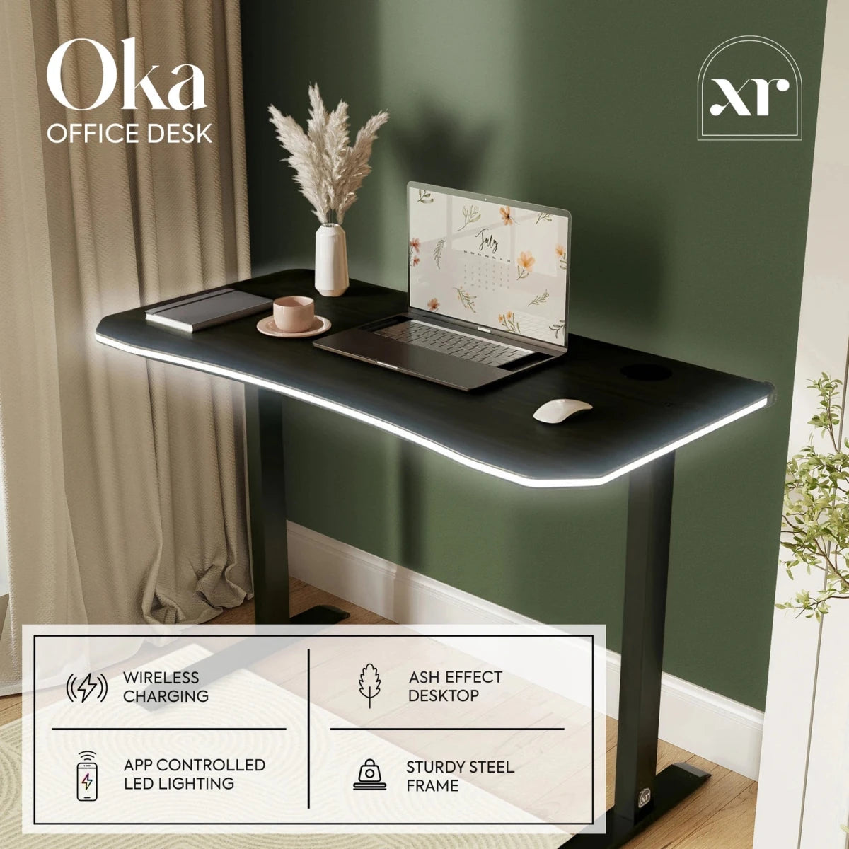 Oka LED Office Desk with Wireless Charging - Ash Black RGB (2 Sizes) - XR LivingOffice Desk