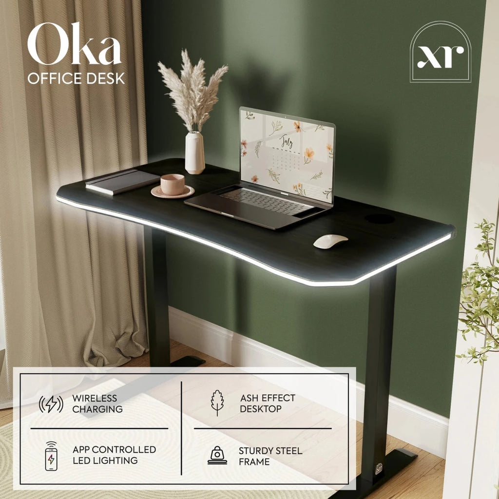 Oka LED Office Desk with Wireless Charging - Ash Black RGB (2 Sizes) - XR LivingOffice Desk