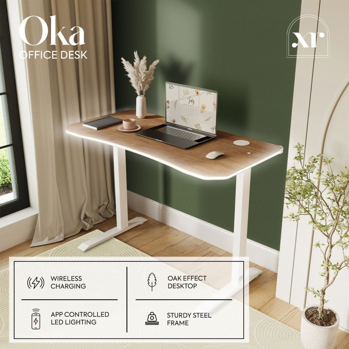 Oka LED Office Desk with Wireless Charging - Oak RGB (2 Sizes) - XR LivingOffice Desk