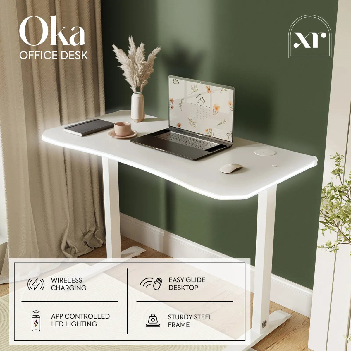 Oka LED Office Desk with Wireless Charging - White RGB (2 Sizes) - XR LivingOffice Desk
