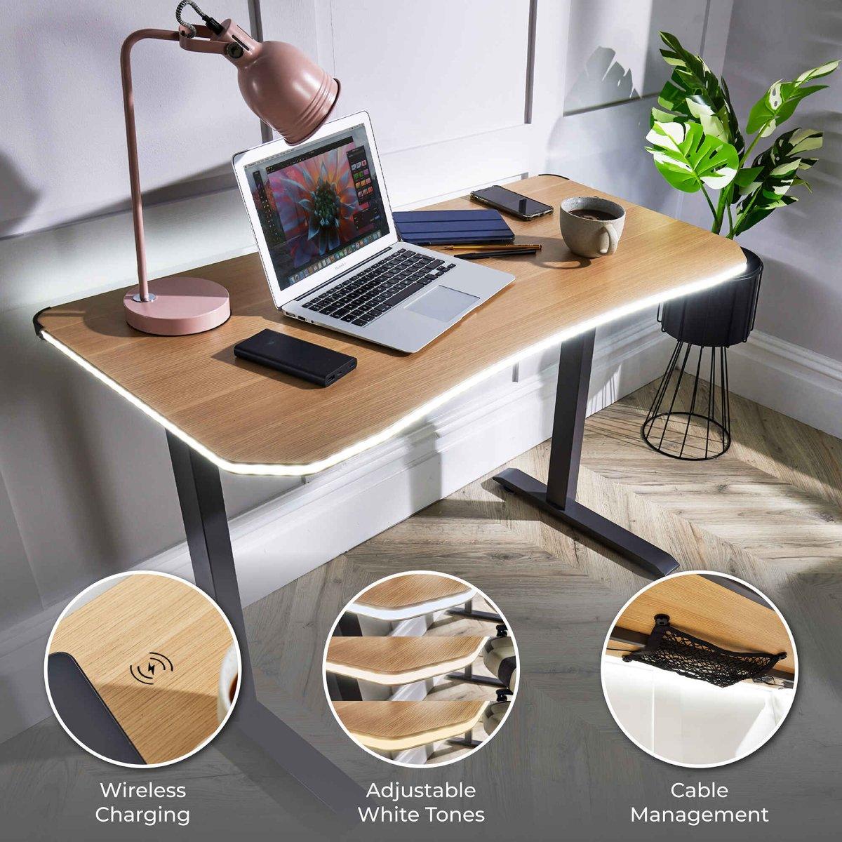 Oka Office Desk with LED Lights & Wireless Charging - Oak Effect - XR LivingOffice Desk