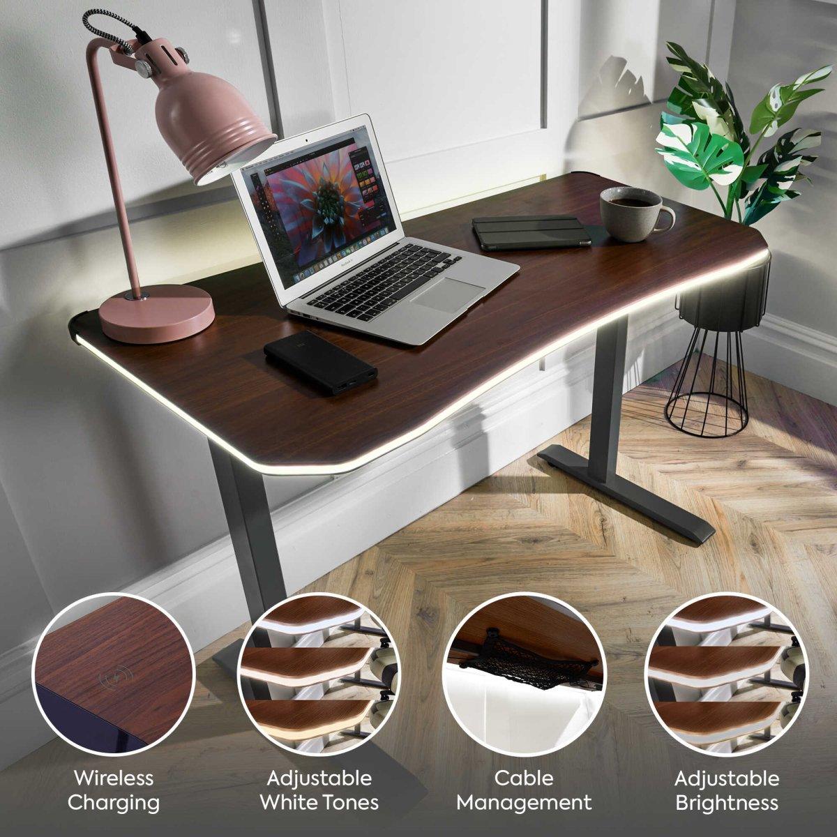 Oka Office Desk with LED Lights & Wireless Charging - Walnut Effect - XR LivingOffice Desk