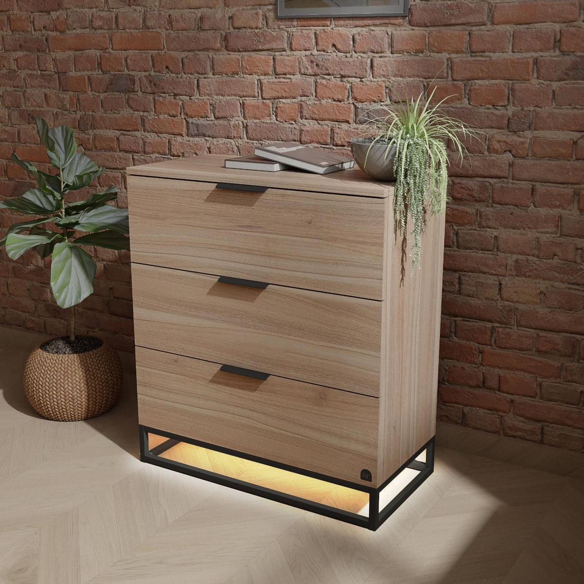 Denver Chest Of 3 Drawers with App Controlled LED Lights - Oak / Black
