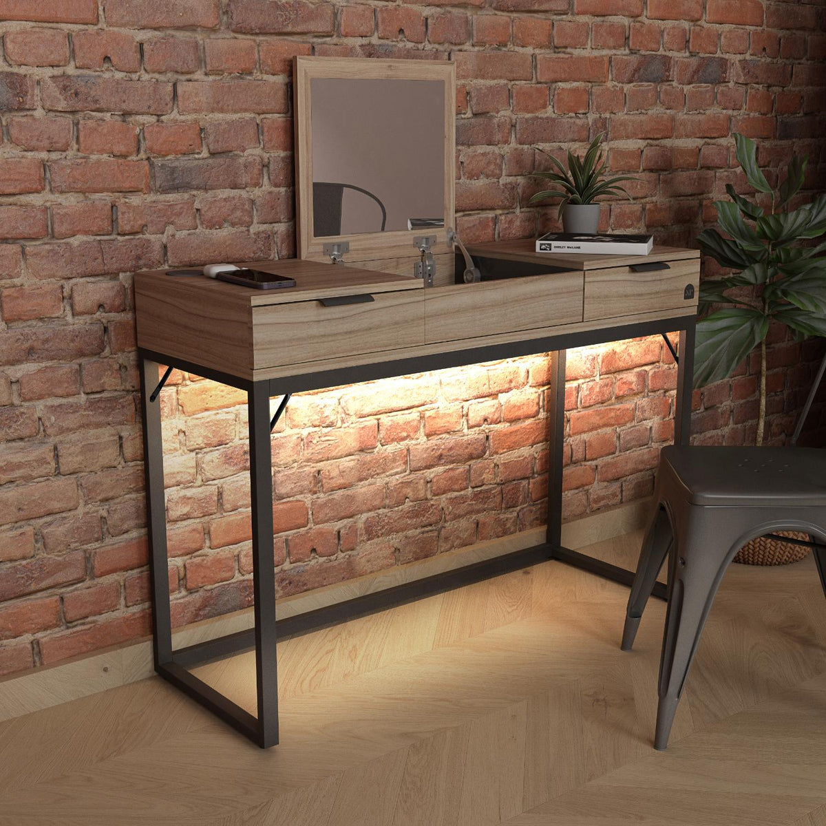 Denver Dressing Table With Mirror, Wireless Charging and App Controlled LED Lights - Oak / Black