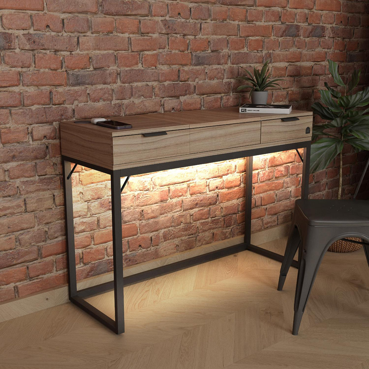 Denver Dressing Table With Mirror, Wireless Charging and App Controlled LED Lights - Oak / Black